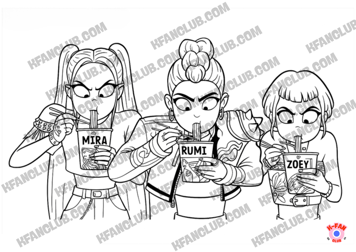 Coloriage A4 format paysage Kpop Demon Hunters _ Kpop Chasseresses de démons _ Mira, Rumi et Zoey en train de manger des Ramyeon - Kfanclub