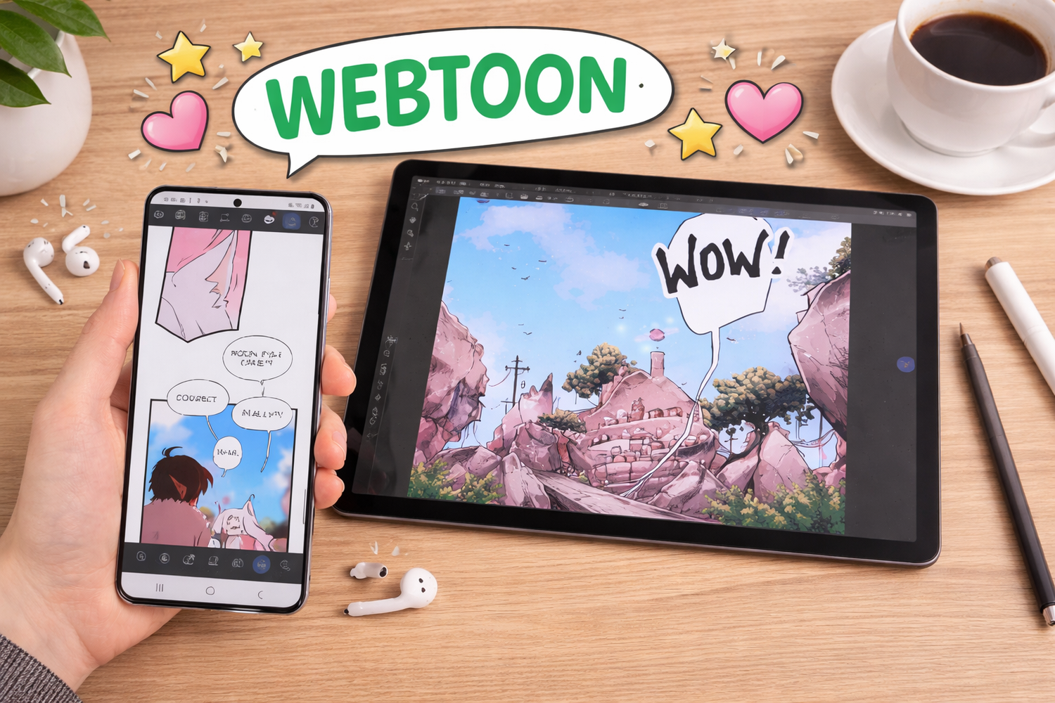 Un smartphone tenu à la main et une tablette posée sur une table en bois affiche un webtoon coloré de style manga, avec des bulles de dialogue et le mot « WOW », illustrant la lecture de webtoons sur mobile et tablette.