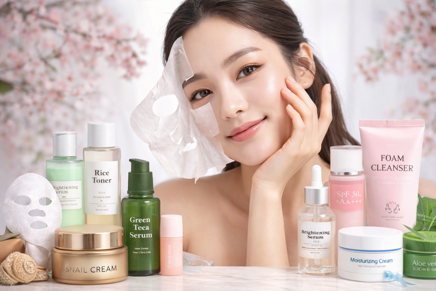 Une femme coréenne au teint lumineux pose avec un masque en tissu sur le visage, entourée de produits de soins coréens comme un toner au riz, un sérum au thé vert, une crème d'escargot et une crème hydratante.