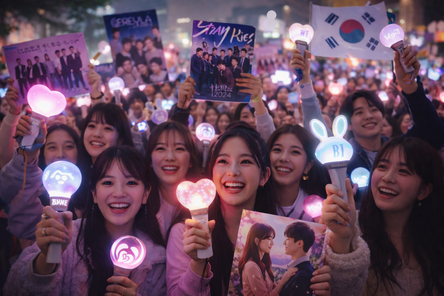 Groupe de fans de K-pop et de K-drama tenant des lightsticks et des pancartes, souriant devant une foule festive aux couleurs de la culture coréenne.