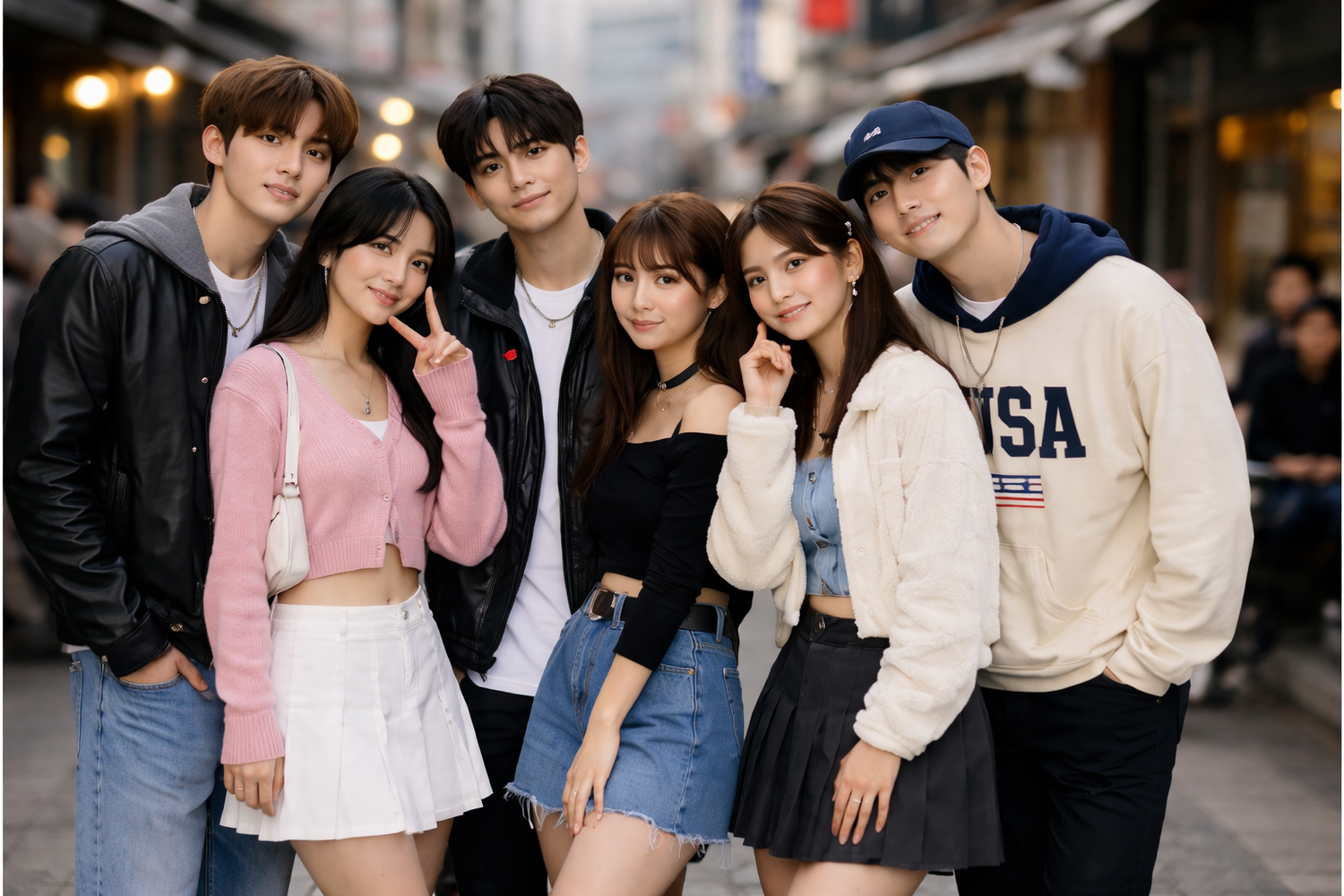 Groupe de jeunes coréens, filles et garçons, posant dans une rue de Séoul avec des tenues de mode coréenne moderne, illustrant le style K-fashion.