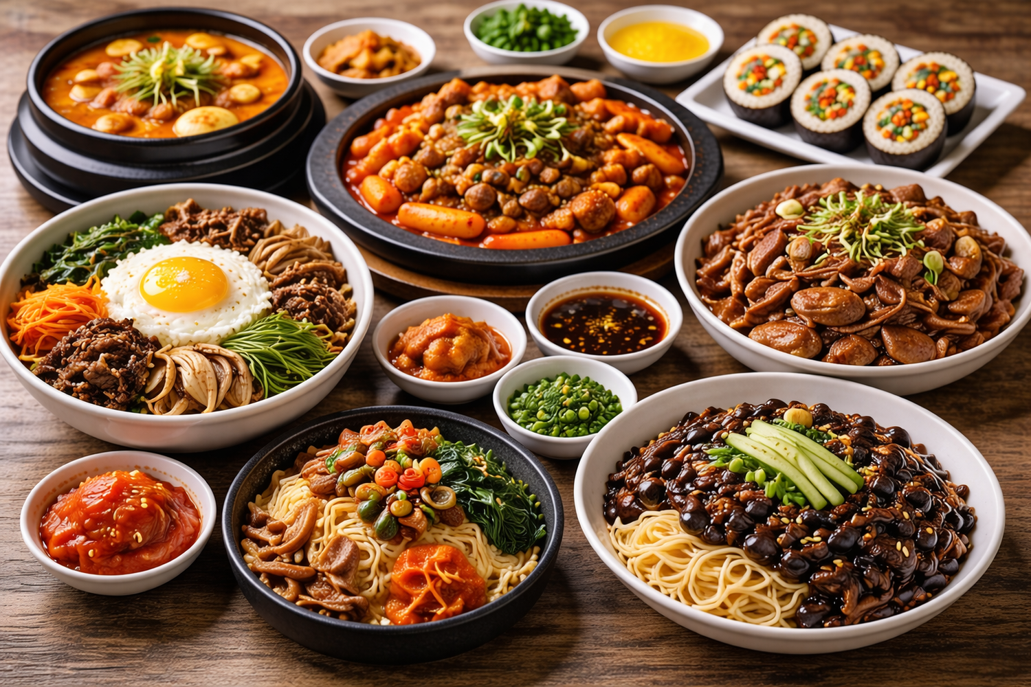 Table garnie de plats coréens traditionnels comprenant un bibimbap, du bulgogi, des nouilles jajangmyeon, du tteokbokki, du japchae, du kimbap et du kimchi, présentés dans des bols et assiettes colorés.