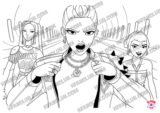 Coloriage A4 format paysage Kpop Demon Hunters _ Kpop Chasseresses de démons _ Mira, Rumi et Zoey dans l'avion, prêtes au combat