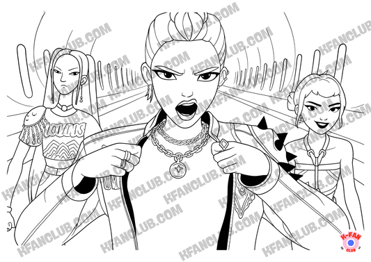 Coloriage A4 format paysage Kpop Demon Hunters _ Kpop Chasseresses de démons Mira, Rumi et Zoey dans l'avion, prêtes au combat - Kfanclub