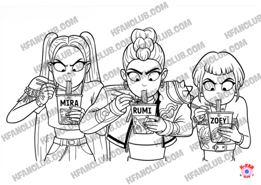 Coloriage A4 format paysage Kpop Demon Hunters _ Kpop Chasseresses de démons _ Mira, Rumi et Zoey en train de manger des Ramyeon - Kfanclub
