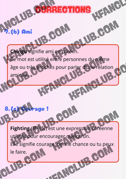 Le Quiz DICO CORÉEN niveau débutant avec K - FAN imprimable - Pour tester ses amis et sa famille sur la langue coréenne - Kfanclub
