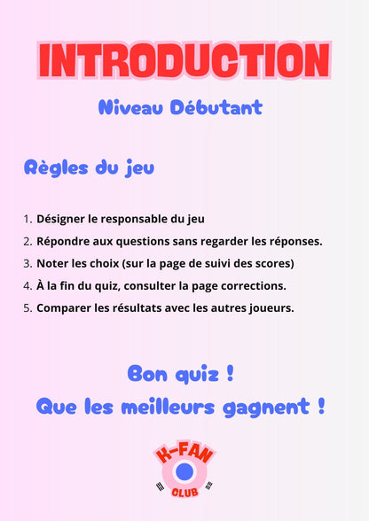 Le Quiz DICO CORÉEN niveau débutant avec K - FAN imprimable - Pour tester ses amis et sa famille sur la langue coréenne - Kfanclub