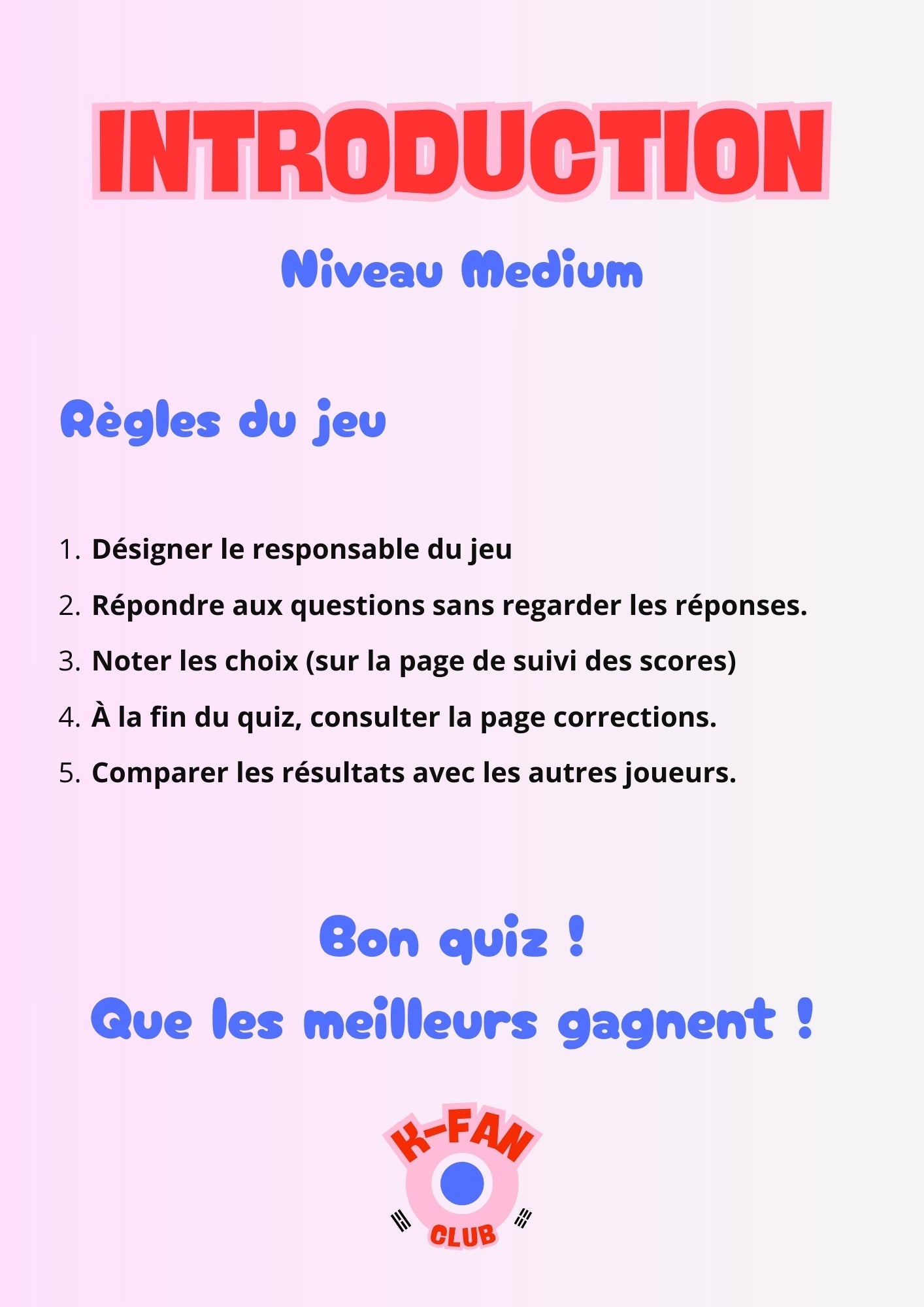 Le Quiz DICO CORÉEN niveau medium avec K - FAN imprimable - Pour tester ses amis et sa famille sur la langue coréenne - Kfanclub